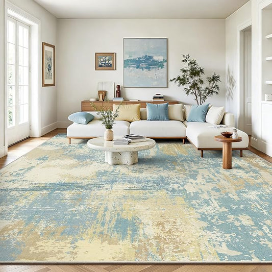 8x10 Rugs for Living Room - Modern Abstract Washable Rug, Ultra Soft Non Slip Low Pile Large Rugs, Floor Carpet for Bedroom Dining Room Office Laundry Nursery Home（Blue&Beige）