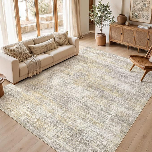 cotiled Washable Area Rugs 8x10 Living Room | Non Slip Backing, Stain Resistant, Pet Friendly, Large Neutral Soft Indoor Carpet For Bedroom, Nursery, Office, Gold/Brown