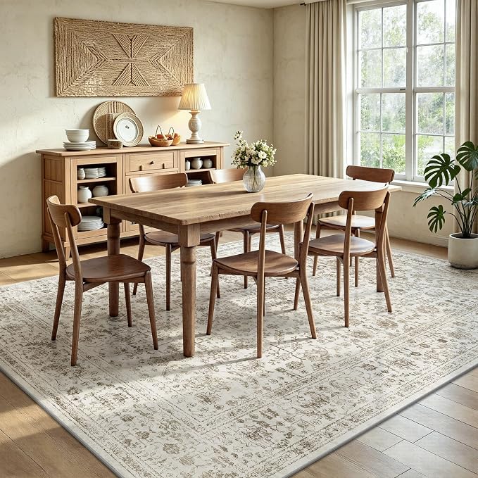 6x9 Area Rugs, Washable Vintage Retro Floral Rug for Living Room, Low Pile Non Slip Distressed Large Carpet for Bedroom, Dining Room, Office, Home (Brown)
