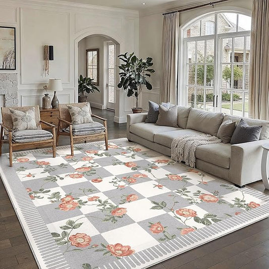 HUGEAR 8x10 Checkered Area Rugs Machine Washable Grey Large Living Room Rug Floral Print Non-Slip Stain Resistant Low Pile Indoor Throw Carpet for Bedroom Home Unique Aesthetic Modern Decor