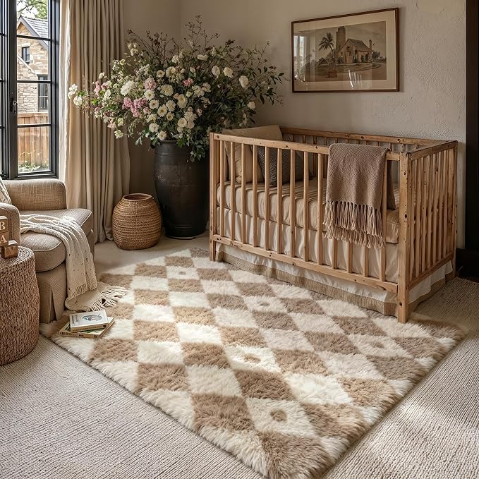PureCozy Brown 4x6 Area Rug for Living Room Washable Non Slip Neutral Soft Bedroom Checkered Carpet Colorful Fluffy Modern Shag Fuzzy Indoor Large Aesthetic Bedroom Home Office Playroom Nursery