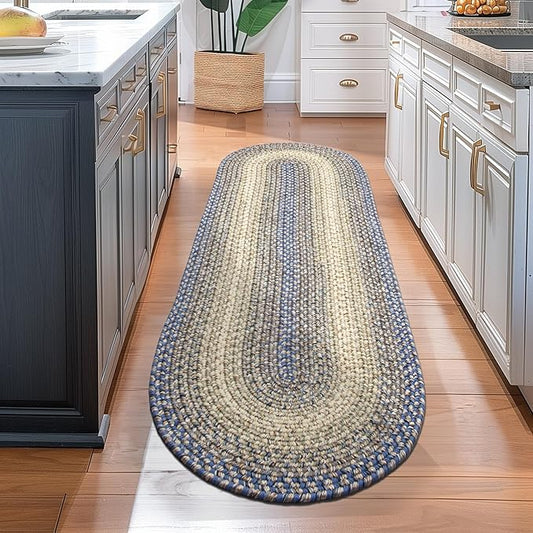 Super Area Rugs Braided Rugs Farmhouse Kitchen Rug - Ridgewood Braided Rug for Living Room - Reversible - Indoor/Outdoor - Made in USA - Blue/Beige, 2' X 6' Oval Runner