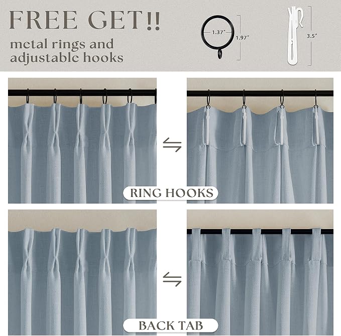 Dusty Blue Pinch Pleated Short Linen Curtains 45 Inches Long 2 Panels for Living Room Bedroom Memory Trained Semi Sheer Pleat Drapes Hooks Rings Light Filtering Small Kitchen Window Curtain 40x45