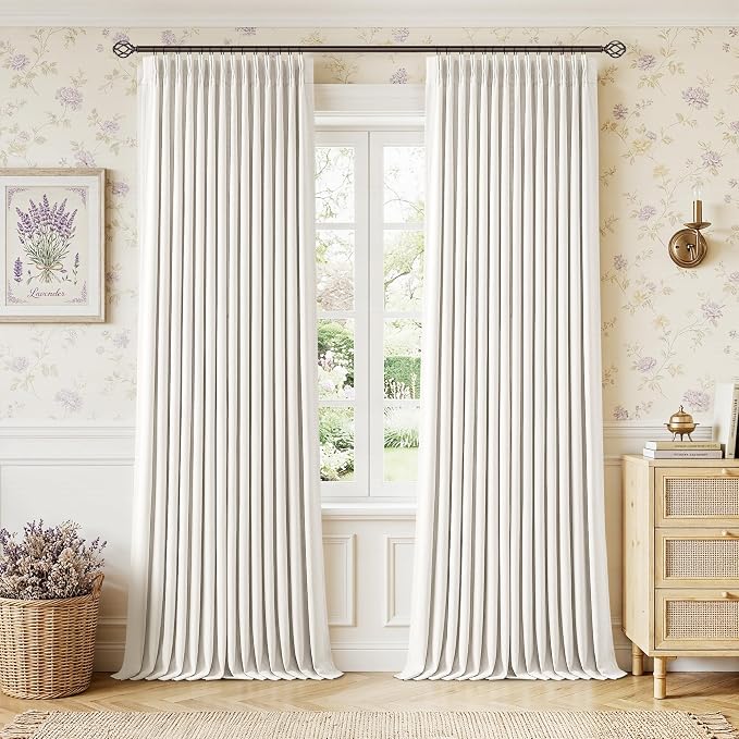 112 Inch Pinch Pleated Blackout Linen Curtains for Bedroom 2 Panels Memory Trained 100% Black Out Soundproof Room Darkening Ivory Cream White Window Curtains Double Layer Pinch Pleat Drapes