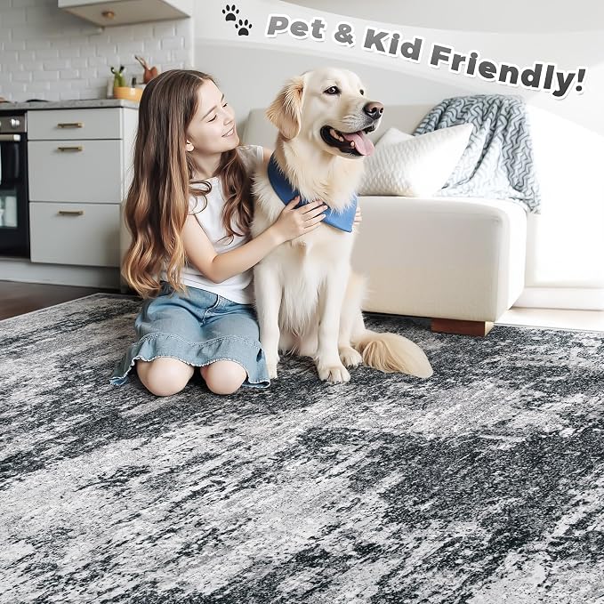 pmtsns Area Rugs 9x12 for Living Room: Washable Rug Modern Abstract Neutral Soft Non-Slip Low-Pile Indoor Large Carpet for Bedroom Dining Room Playroom Home Office (Black Grey, 9'x12')