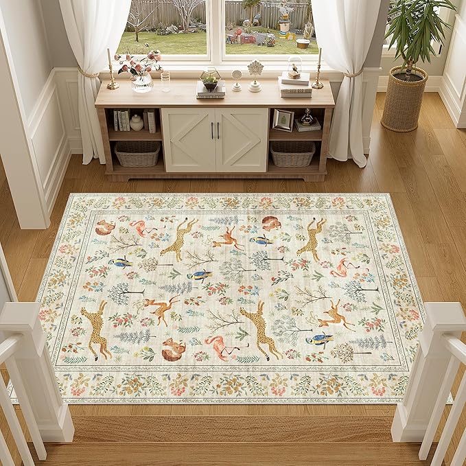 DUKINO 4x6 Rug, Washable Animal Area Rug with Non Slip Vintage Design, Indoor Soft Low Pile Carpet for Bedroom, Nursery, Dining Room, Farmhouse, Playroom, White