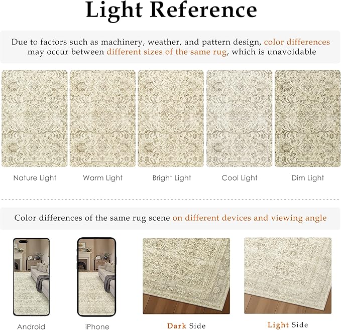 PureCozy Vintage Area Rug 9x12 Beige Washable Living Room Large Carpet Non Slip Bedroom Indoor Office Low Pile Traditional Distressed Retro Accent Rug for Dining Room