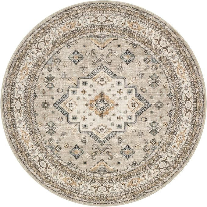 8ft Round Vintage Living Room Area Rug - 8x8 Large Soft Washable Oriental Traditional Distressed Farmhouse Rugs for Bedroom - Indoor Floor Accent Carpet for Home Office House Decor - Beige