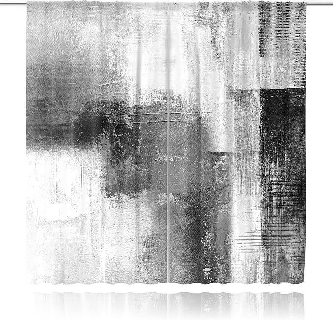 MESHELLY Abstract Grey Curtains 42W x 63H Inch Rod Pocket Rust Black White Art Painting Modern Contemporary Watercolor Cool Oil Print Living Room Bedroom Window Drapes Fabric 2 Panel