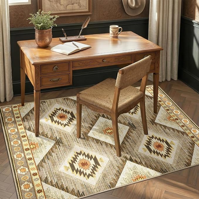BESTSWEETIE Area Rug 4x6 Rug Machine Washable Non-Slip Low Pile Print Pattern Western Rug for Living Room Bedroom Entryway Tribal Series -Cream/Camel