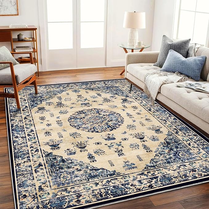 CHAMPLANT Washable Area Rug 9'x12' Retro Boho Design Non-Shedding Easy Care Ideal for High Traffic Areas in Living Room Bedroom Office Coffee Table Kitchen Large Carpet