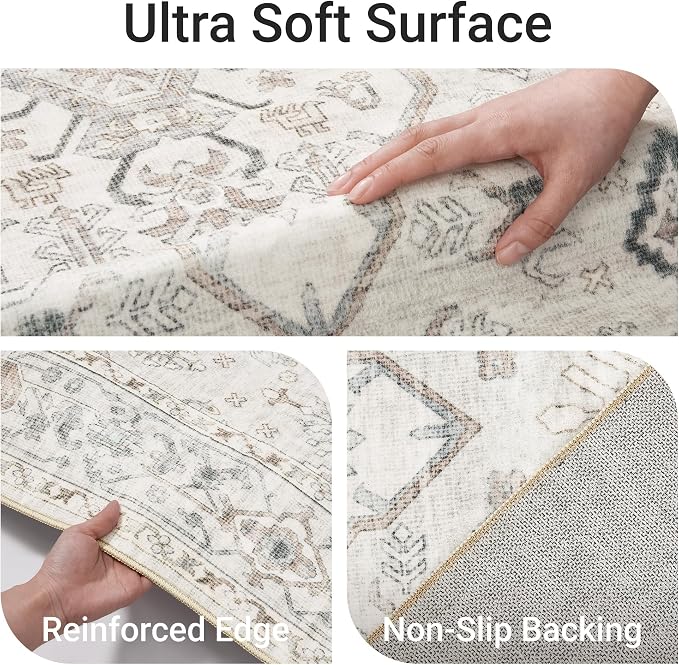 befbee 6x9 Area Rugs for Living Rooms, Stain Resistant Neutral Washable Rugs for Dining Rooms, Floral Vintage Non-Slip Thin Large Size Area Rug(Light Grey)