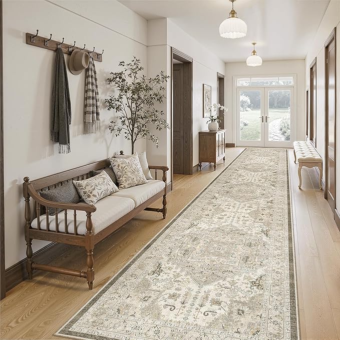 Madane Hallway Runner Rug 2'6''x16' Kitchen Runners Vintage, Ivory/Brown | Long Non-Slip Washable Rugs 16ft for Laundry Room, Entryway and Bedroom, Soft Low Pile Stain-Resistant 2.5x16 Ft Floor Carpet