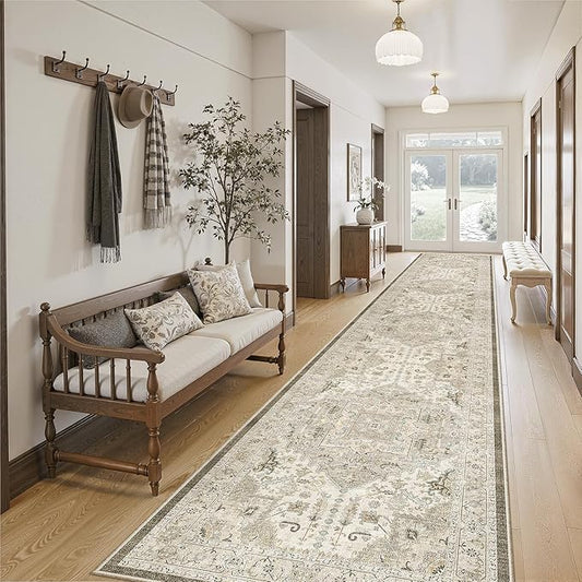 Madane Hallway Runner Rug 2'6''x16' Kitchen Runners Vintage, Ivory/Brown | Long Non-Slip Washable Rugs 16ft for Laundry Room, Entryway and Bedroom, Soft Low Pile Stain-Resistant 2.5x16 Ft Floor Carpet