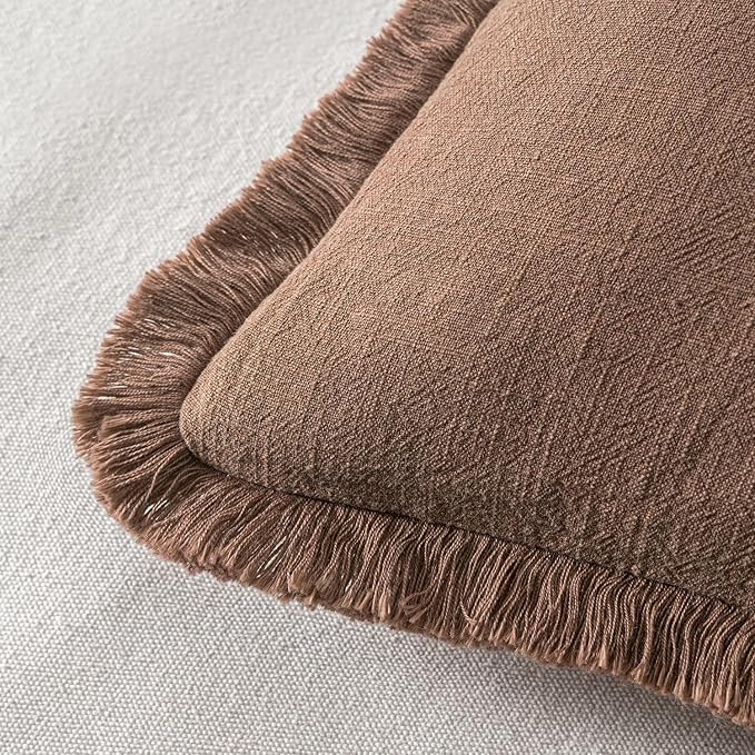 MIULEE Decorative Throw Pillow Covers Neutral Linen Fringe Throw Pillows Euro Shams Set of 2 Dark Coffee Boho Farmhouse Cushion Covers for Couch Sofa Bed Living Room Fall Home Decor 24x24 Inch