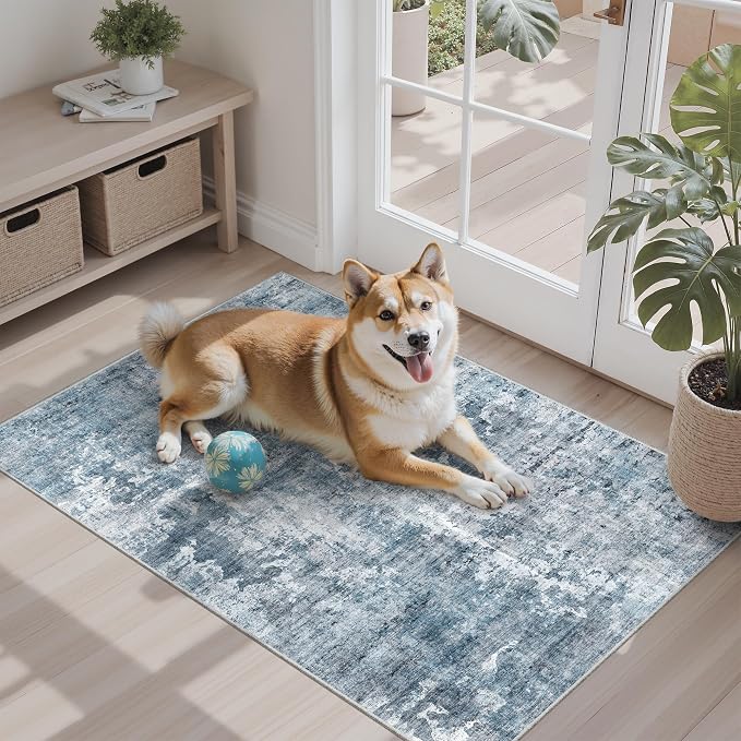 Soalmost 2x3 Abstract Washable Rugs for Kitchen, Floor, Entryway, Powder Room Small Area Rug Non-Slip Vintage Rug Low Pile Throw Door Mat Blue