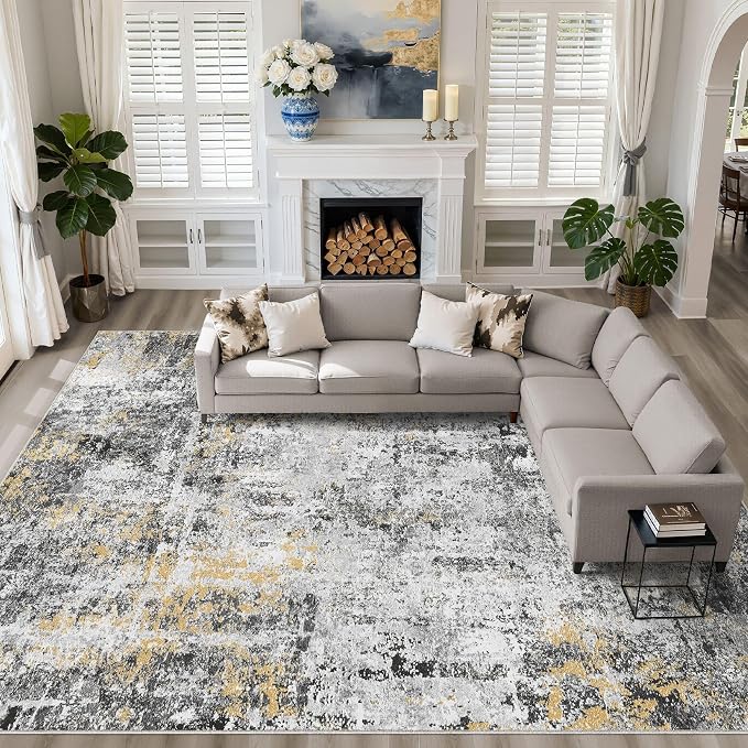 10x14 Area Rugs Living Room: Washable Large Neutral Rug Abstract Soft Modern Stain Resistant Indoor Floor Non-Slip Carpet for Bedroom Nursery Kids Office Playroom Dining Room Under Table- Black Gold