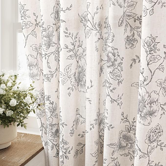 Printed Linen Curtains - 92 inch Length, 2 Panels, Rustic Farmhouse Black Floral Curtains with Cotton Textured Vintage Flower Leaf Pattern, Light Filtering for Living Room