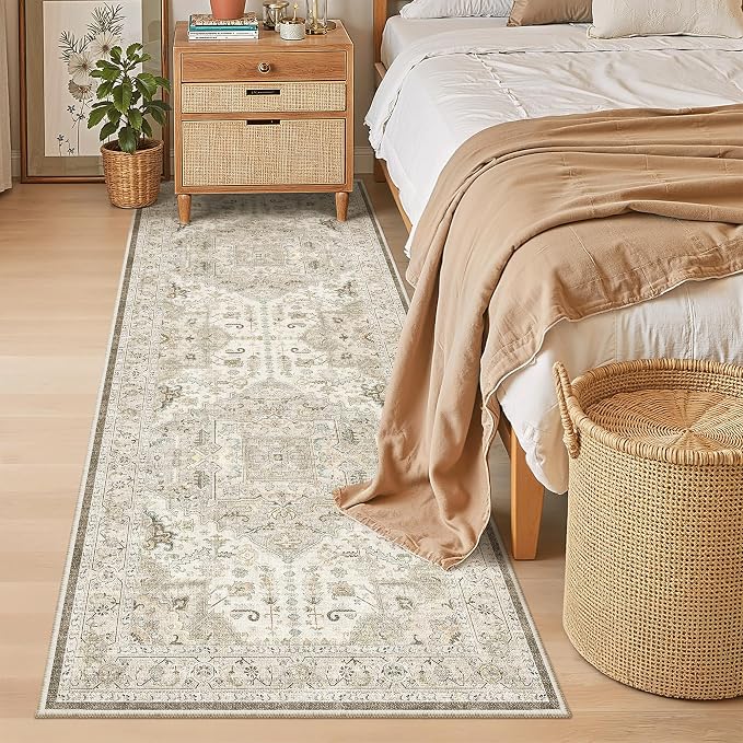Madane Hallway Runner 3x8, Kitchen Rugs Washable Entry Rug, Ivory/Brown | Vintage Non Slip Entryway Indoor Area Rugs, Soft Low-Pile Farmhouse Wide Carpet Runners for Bathroom Living Room Bedroom