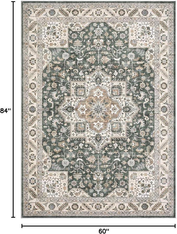 Vintage Living Room Area Rug 5x7 - Large Soft Washable Oriental Traditional Distressed Farmhouse Rugs for Bedroom - Indoor Floor Accent Carpet for Home Office House Decor - Vintage Green