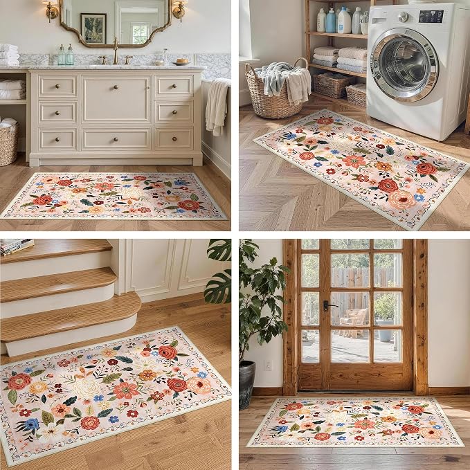 2x4 Washable Runner Rug Kitchen Hallway Area Rug Vintage Boho Floral Ultra Non-Slip Low Pile Soft Faux Wool Carpet Kids and Pets Friendly for Bathroom Bedroom Entryway Nursery Home Rug Beige Pink