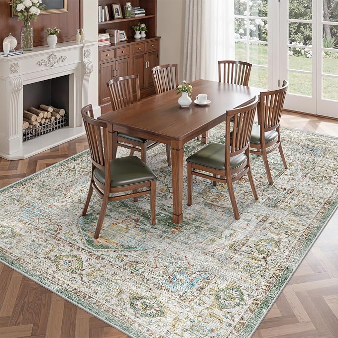 befbee 5x7 Area Rugs for Living Room,Stain Resistant Washable Rug,Non-Slip Backing Rugs for Bedroom,Kitchen,Printed Vintage Home Decor Rug (Green, 5'x7')