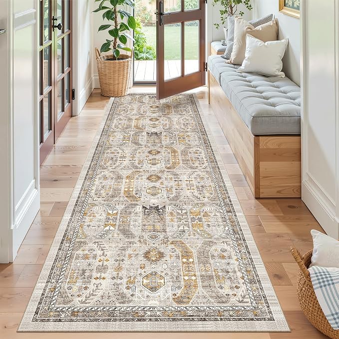 Madane Kitchen Runner 2'6''x8' Soft Rug Runners for Hallways, Brown/Gold | Vintage Machine Washable Rugs 2.5x8 Ft, Non-Slip Low Pile Stain-Resistant 8ft Floor Carpet for Laundry Room, Corridor