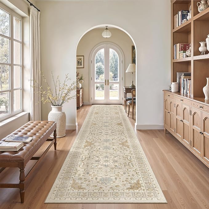 Madane Hallway Runner Rug 2'6''x12' Kitchen Runners Vintage, Beige/Blue | Non-Slip Washable Rugs 12ft for Laundry Room, Entryway and Bedroom, Soft Low Pile Stain-Resistant Wide 2.5x12 Ft Floor Carpet