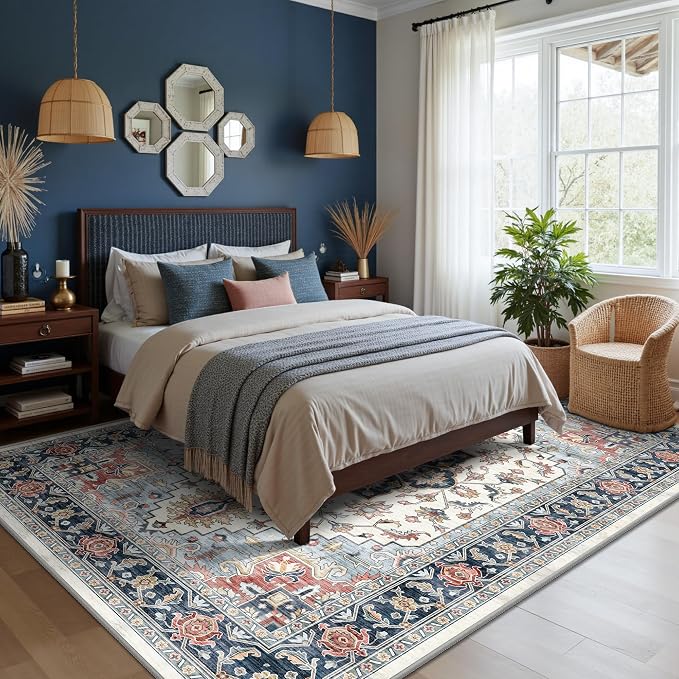 6x9 Area Rugs - Washable Rug Vintage Distress Boho Medallion Rugs for Living Room, Soft Non-Slip Backing Low Pile Carpet for Bedroom Dining Room Office Nursery Dorm Home, Blue Beige Orange
