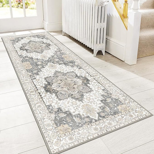 GENIMO 2'6"x7 Runner Rugs for Hallway, Machine Washable Non Slip Vintage Rugs, Low Pile Lightweight Soft Print Rug for enrtyway, Corridor, Home Office, Kitchen, Heathered Grey
