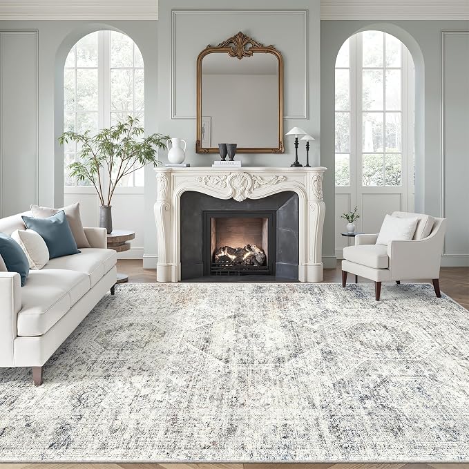Soalmost Area Rug 10x12 Vintage Washable Living Room Large Carpet Non Slip Bedroom Indoor Office Dining Room Low Pile Thin Rug Blue Ivory