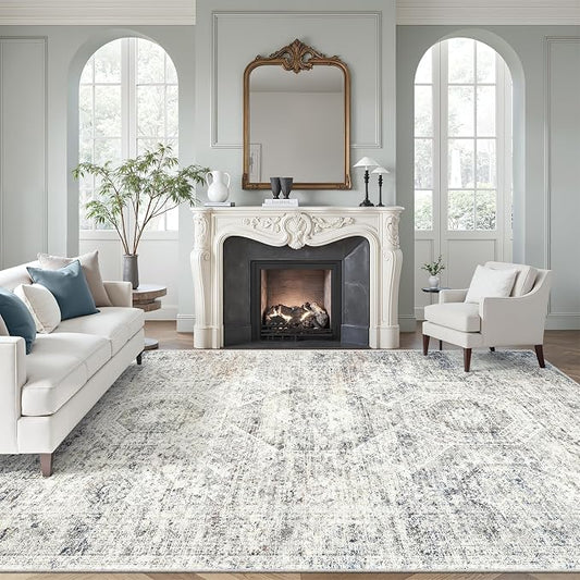 Soalmost Area Rug 10x12 Vintage Washable Living Room Large Carpet Non Slip Bedroom Indoor Office Dining Room Low Pile Thin Rug Blue Ivory