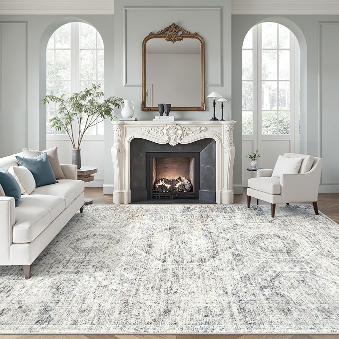 Soalmost Washable Area Rug 8x12, Large Soft Rugs for Living Room Vintage Blue Ivory Carpet 8x12 Area Rugs for Bedroom Dining Room Non-Slip Stain Resistant Under Table Rug