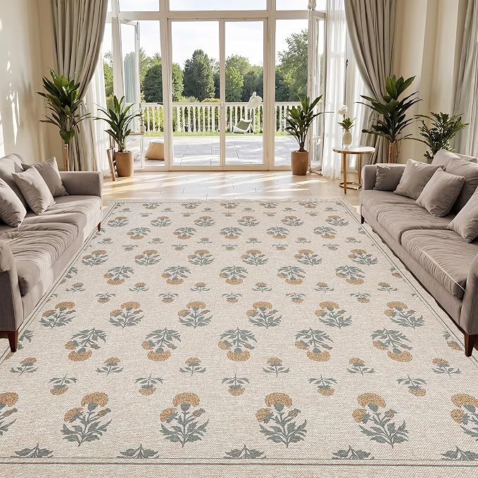 ORTIGIA Scalloped Easy Jute 8x10 Area Rug Vintage Yellow Floral Farmhouse Washable Rug Non-Slip Indoor Outdoor Carpet for Living Room Bedroom Patio Entryway