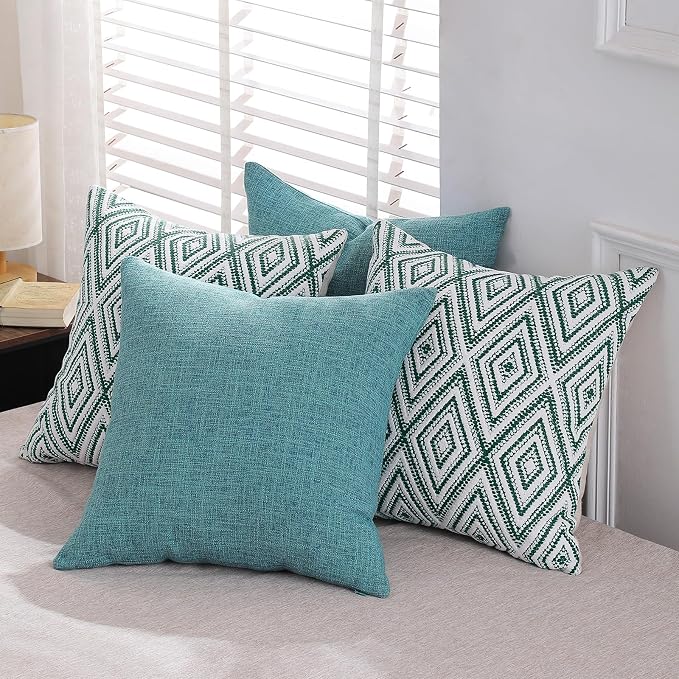 HPUK Throw Pillow Covers 18x18 Inch Set of 4, Linen Decorative Pillow Covers, Accent Cushion Covers for Couch Sofa Bed Bedroom Living Room Décor, Aqua Blue