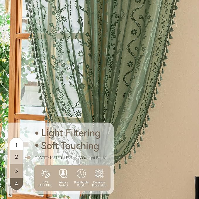 WAZZIO Boho Lace Curtains 2 Panels 72 Inches -Vintage Victorian Sheer Panel Drape French Country Floral Pattern & Tassel Light Filtering Privacy for Bedroom Dining Living Room,Dark Sage Green,W52x L72