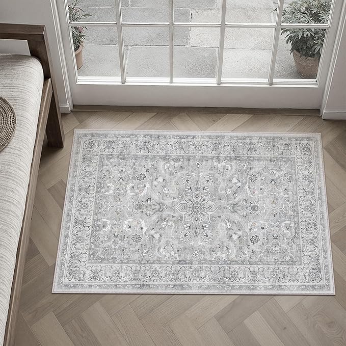 PureCozy Gray 2x3 Area Rug Entryway Washable Vintage Carpet Door Mat Small Indoor Non Slip Soft Low Pile Thin Stain Resistant Distressed Accent Throw Rug for Kitchen Bathroom Entrance Bedroom