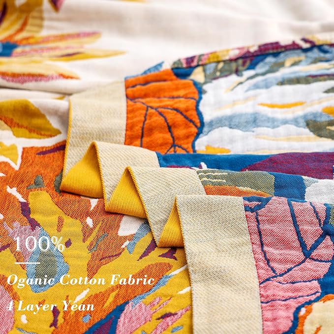 VANJOROY Boho Large Throw Blanket for Bed Couch, 100% Organic Cotton Soft Queen Throw-Floral Butterfly Decor Fall Blanket for Sofa Quilt and Gift, 80" x 90"-Beige