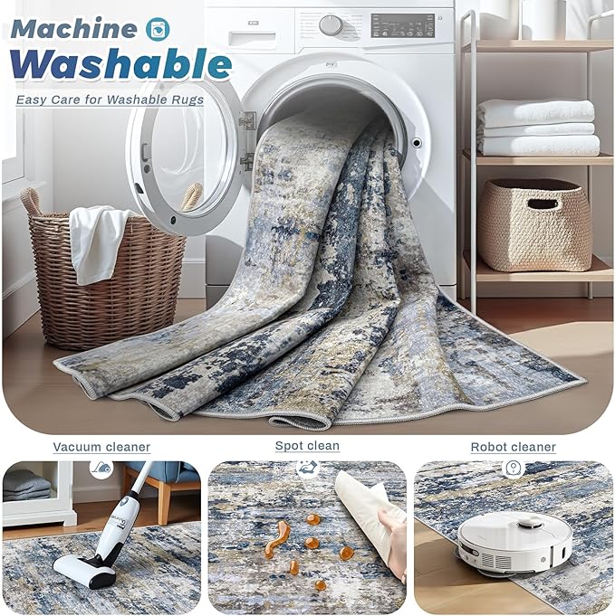 pmtsns Area Rugs 10x14 Living Room: Washable Rug Modern Abstract Neutral Soft Non-Slip Low-Pile Indoor Large Carpet for Bedroom Dining Room Playroom Home Office (Blue Grey Brown, 10'x14')