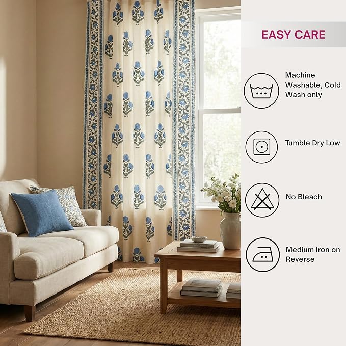 ATOSII 100% Cotton Single Panel Block Print Curtain, Easy Hanging with Rod Pocket & Loop, Living Room, Dining Room, Bedroom Light Filtering Boho Curtains, Set of 1, 60" W X 84" L, Flora Blue Poppy