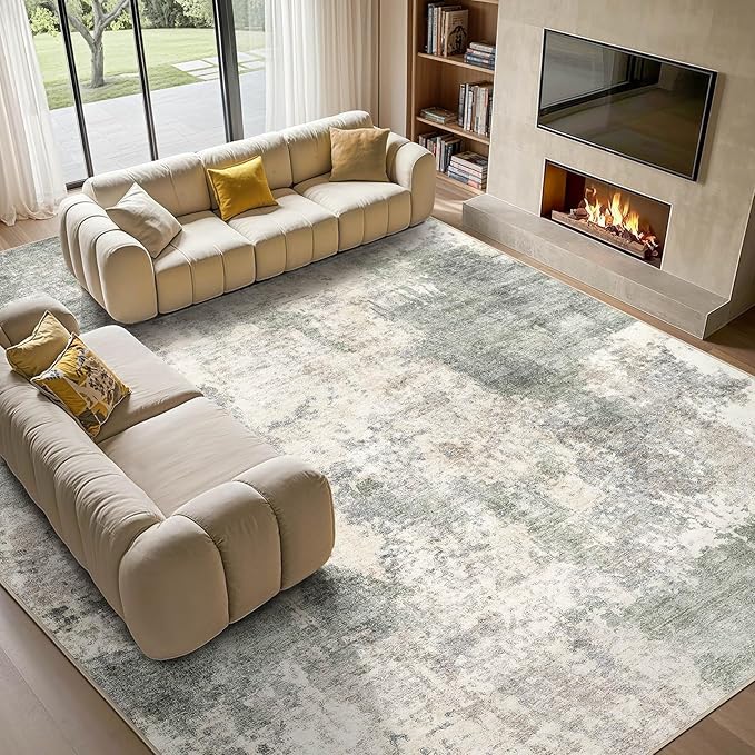 Tortania Washable 10x12 Area Rug for Living Room: Modern Abstract Neutral Large Soft Thin Rugs - Non Slip Indoor Carpet for Bedroom Dining Room Office Nursery Home Floor Decoration - Gray Green