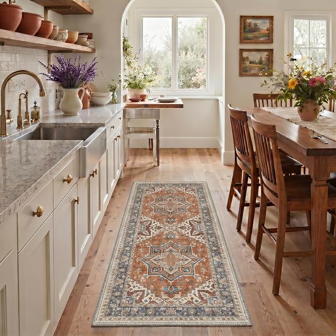 GENIMO 2x5 Runner Rugs for Hallway Kitchen and Laundry Room Non Slip Low Pile Machine Washable Lightweight Print Rug for Bedroom Bathroom Entryway, Floral Medallion, Dusty Terracotta