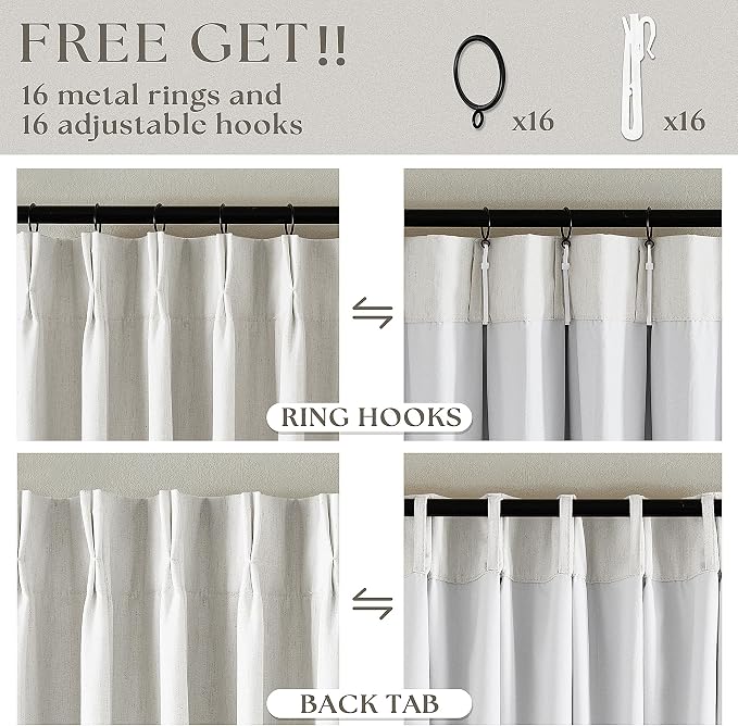 Beige White Pinch Pleated Full Blackout Curtains 2 Panels Set Linen Room Darkening 100% Black Out Window Curtains 96 Inch for Living Room Bedroom Thermal Insulated Pinch Pleat Drapes with Hooks Rings
