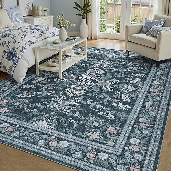 DCX Navy Blue 9x12 Area Rug, Machine Washable Non Slip Stain Resistant Soft Vintage Floral Rug, for Living Room, Bedroom, Dining Room, Soft Low Pile Large Carpet