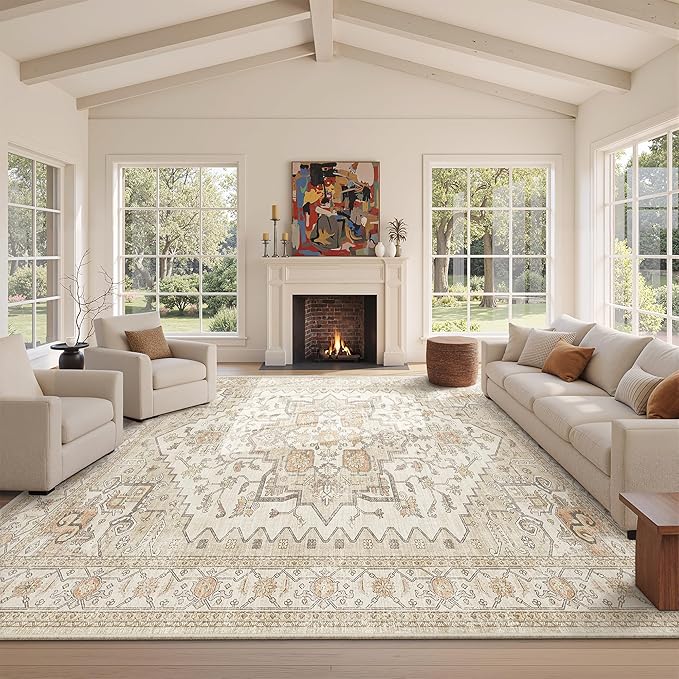Area Rugs for Living Room - 9x12, Boho Non-Slip Low Pile Carpet Machine Washable Rugs for Bedroom, Farmhouse, Office, Dining Room (Gold)