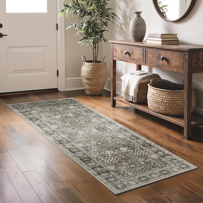 Bavni 2x5 Rug Runners for Hallways, Washable Runner Rug Non Slip,Vintage Floral Print Style Rugs for Bedroom-Lightweight Low Pile Carpet for Hallways Bathroom, Beige Brown