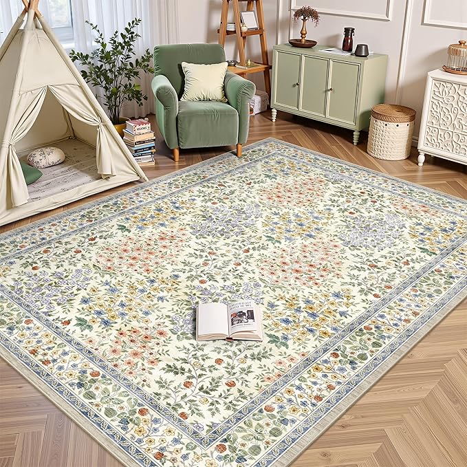 6x9 Area Rugs, Washable Floral Area Rugs for Living Room, Indoor Area Rug for Bedroom, Dining Room, Low Pile Non-Slip Non Shedding Rug(Beige Floral)
