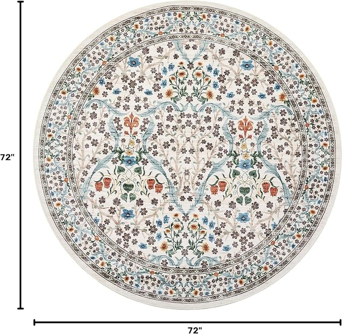 GarveeHome Beige Ivory Floral 6 ft Round Rug Washable Non-Slip Soft Low Pile Circle Carpet Vintage Rugs for Kitchen Bedroom Nursery Dining Living Room