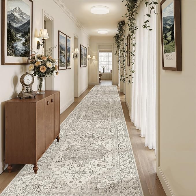 Madane Hallway Runner Rug 3x18 Washable Kitchen Runners 18ft, Beige/Brown | Vintage Non Slip Extra Long Area Rugs for Hallways, Soft Low-Pile Farmhouse Wide Floor Carpet for Entryway Bathroom Bedroom