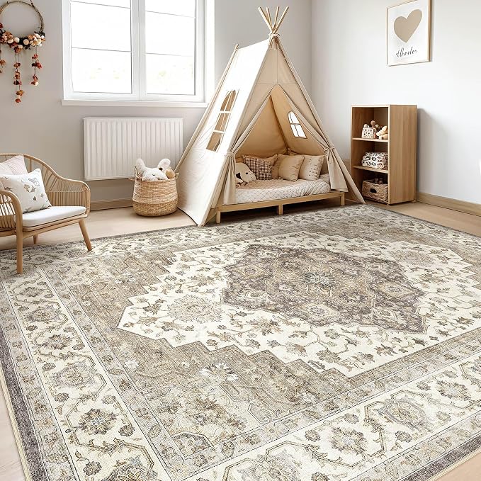 8x10 Area Rugs Living Room: Washable Boho Large Neutral Vintage Soft Rug Stain Resistant Farmhouse Non-Slip Indoor Floor Carpet for Bedroom Nursery Kids Playroom Office Dining Room Home- Brown Beige